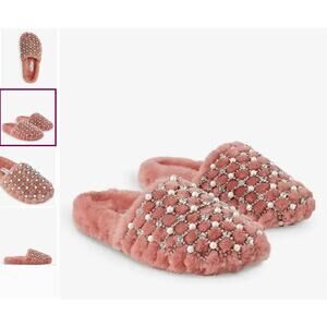 Jimmy Choo Fancy Crystal Blush Pearl Shearling Mules Slippers Size 6 NWT